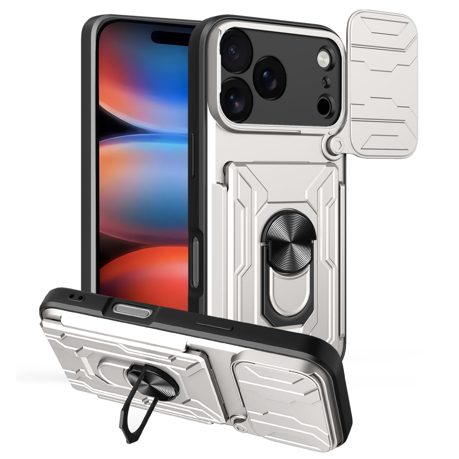 

For iPhone 17 Pro Case PC+TPU Kickstand Phone Back Cover with Camera Slider White