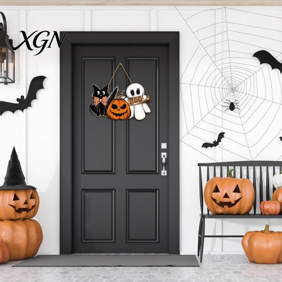 Boo Wall Art Signs Halloween Wooden Welcome Door Sign, Vintage Black Cat Jack-o-lantern Ghost Hanging Event Venue Supplies Decoration, Horror Hangings