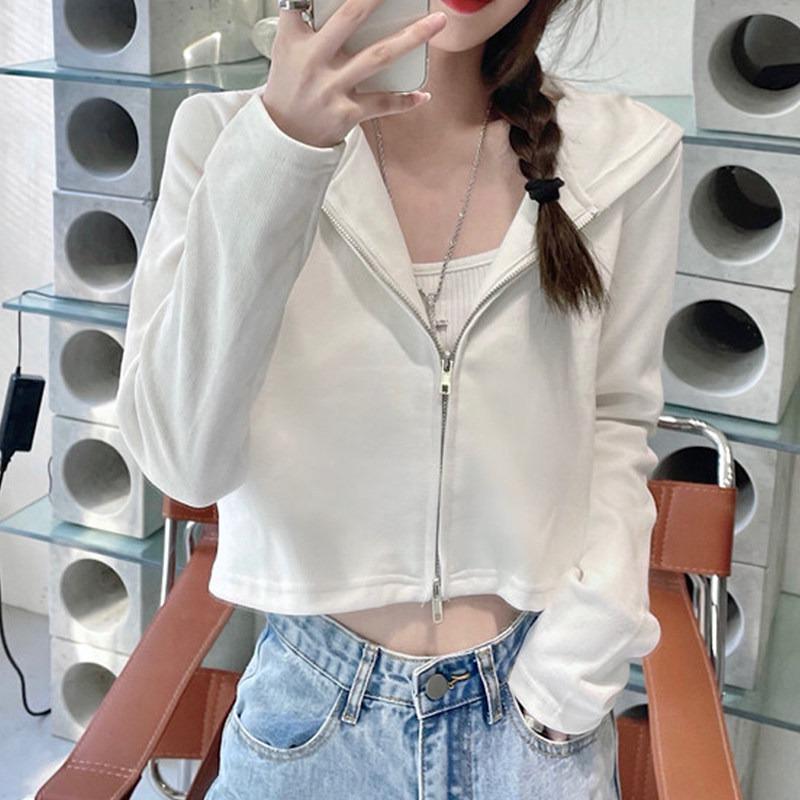 Real shot solid color short sweater women's new hooded cardigan zipper top jacket