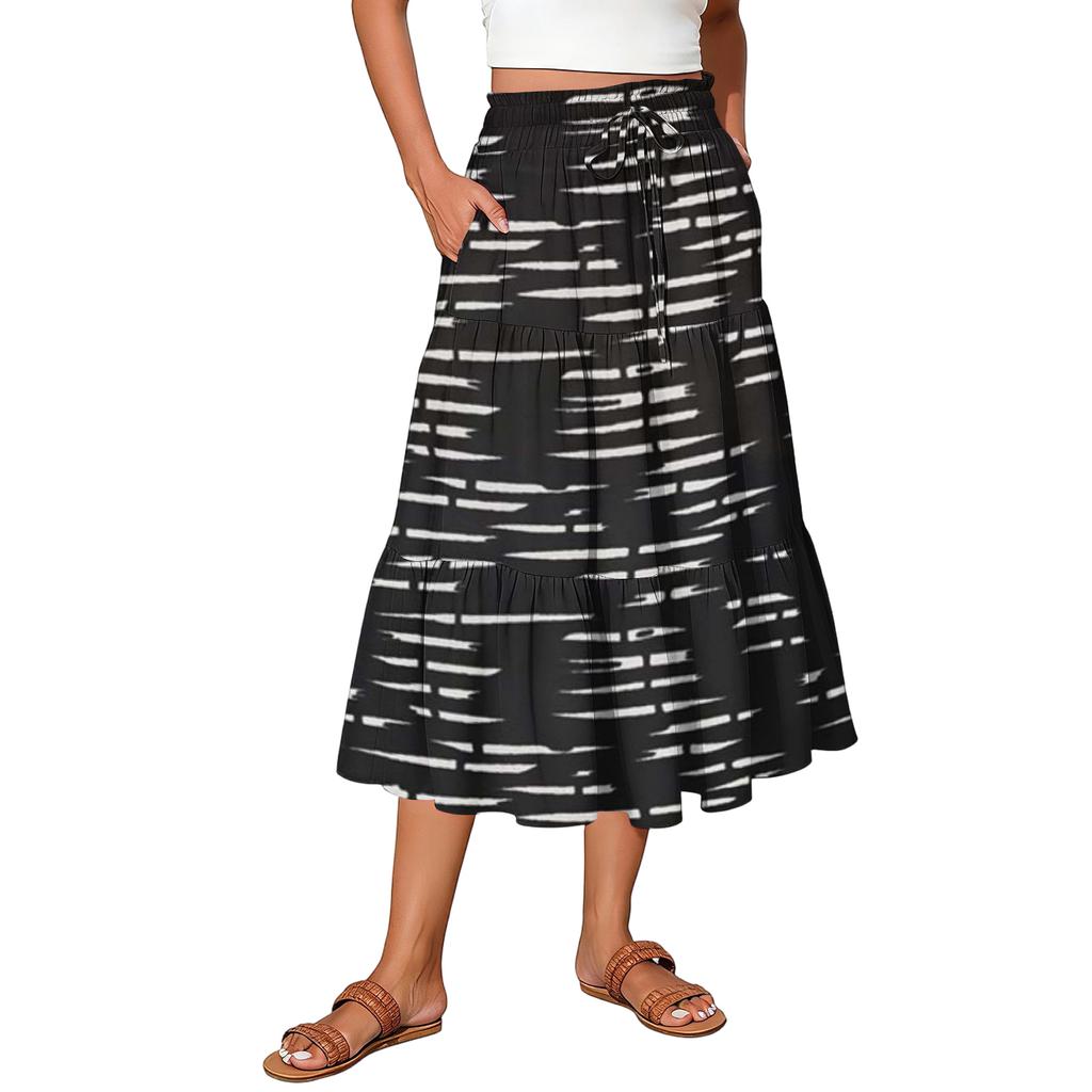 Ladies' Striped Printed Casual Elastic Waist Drawstring Skirt