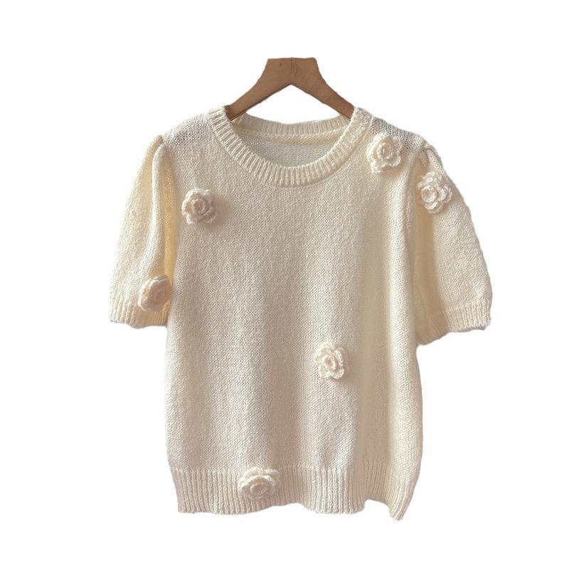 Fransk Søt Rund Hals Strikket Genser for Dame Høst og Vinter Slim Fit Genser Topp