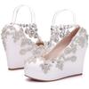 Fashion Rhinestone Bride Wedding Shoes Woman Ankle Strap Wedges High Platform Pumps High Heels Party Rhinestone Round Toe Wedges 11 CM