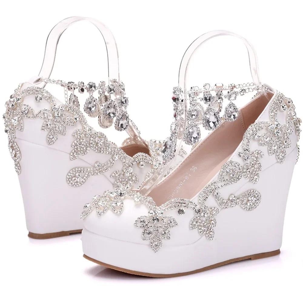 Fashion Rhinestone Bride Wedding Shoes Woman Ankle Strap Wedges High Platform Pumps High Heels Party Rhinestone Round Toe Wedges 11 CM