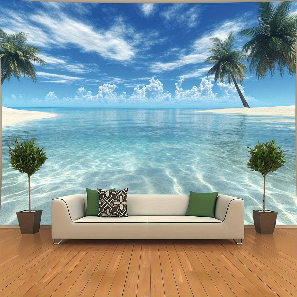 1Pc Large 2D Tropical Beach Tapestry, Palm Tree Clear Water, Mounting Accessories,Beach Theme Wall Decor For Bedroom Living Room