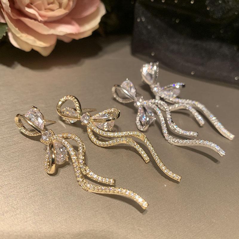 Zircon Bow Tassel Earrings Fashion Stud Earrings Light Luxury High Temperament Versatile Earrings