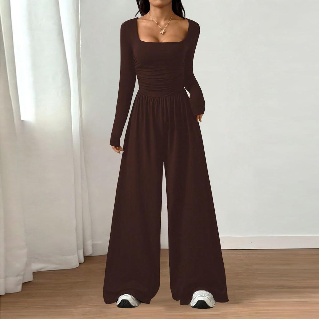 Women's Fashion Casual Long Sleeve Square Neck Wide Leg Jumpsuit Slim Fit Color