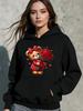 Women'S Polyester Hoodie with Cute Bear Holding Roses Design Black Lightweight for Casual Wear At Home or Cafe and Durable for Com