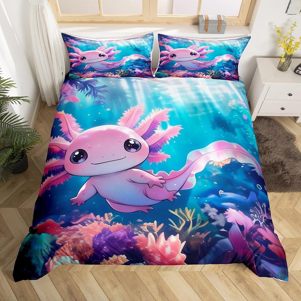 Cartoon Axolotl Duvet Cover Queen Twin Size Salamander Bedding Set for Kids Boys Girls Kawaii Sealife Creature Comforter Cover