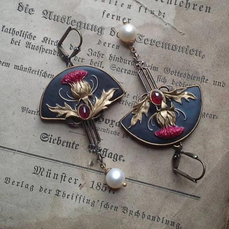 

Creative Thistle Flower Drop Earrings Women Ethnic Black Enamel Fan Shaped Red Stone Pearl Statement Earrings