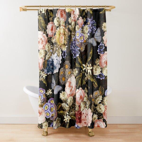 Cortina de ducha con diseño floral, color rosa oscuro, negro, rojo, verde, hojas, flores coloridas, mariposas, cortinas góticas para baño, decoración vintage para baño