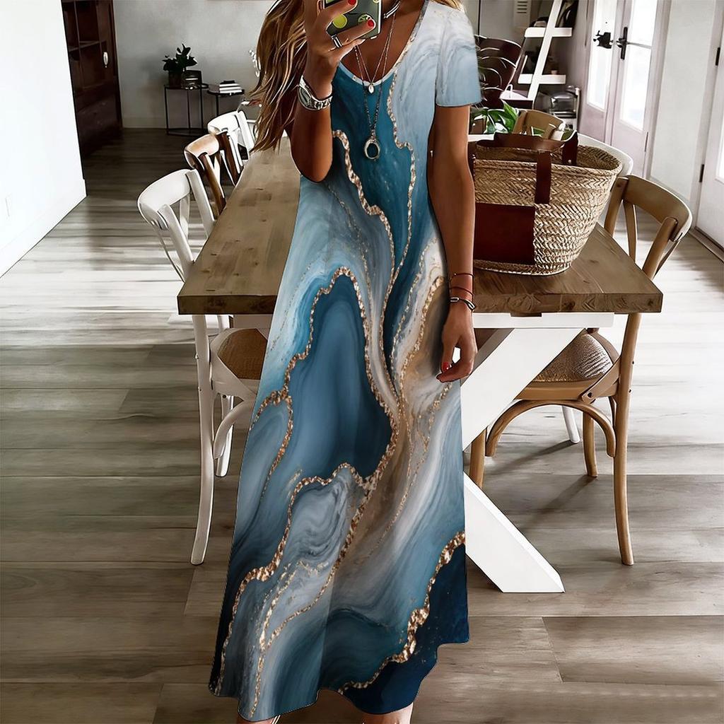 Women Plus Size V Neck Short Sleeve Colorful Printed Maxi Dress