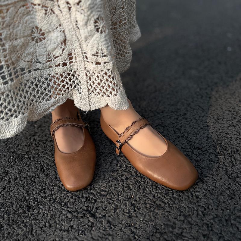 Johnature Genuine Leather Buckle Strap Women's Flats Shoes Retro Square Toe Soft Soles Solid Color Shoes