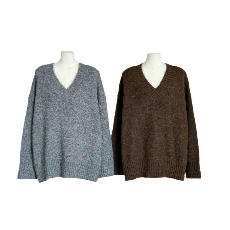 Lazy wind loose inner V-neck brown sweater women's autumn and winter new high-end small top
