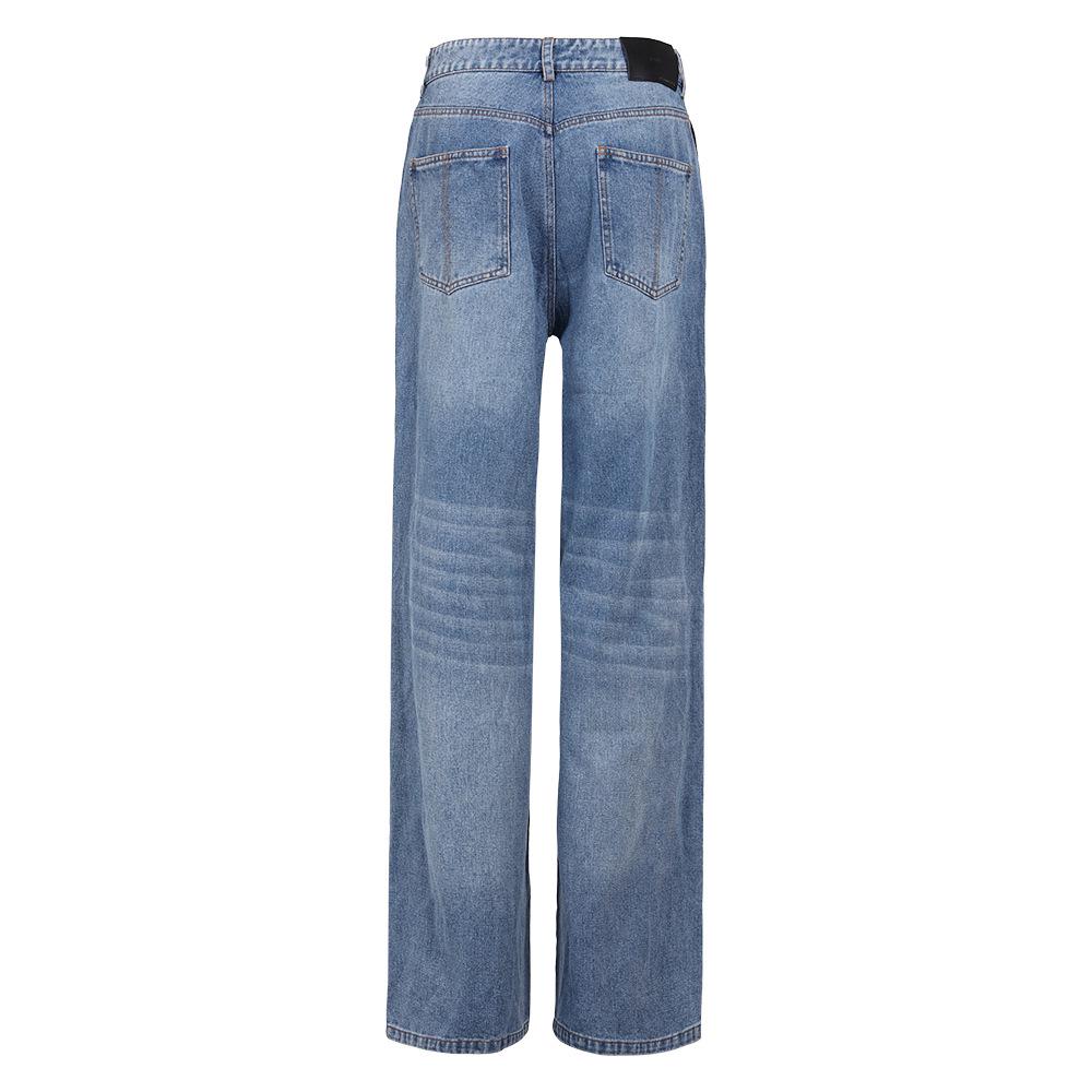 Herbst Europäischer Amerikanischer Stil Schwarz Blau Unregelmäßiger Patchwork Weiter Bein Laufsteg Jeans für Damen