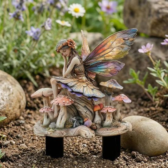 Mushroom Fairy Garden Stake, 2D Acrylic Fairy Sitting on Mushroom Yard Art Stake, Butterfly Wings Fairy Outdoor Decoration for Lawn Planter Flower