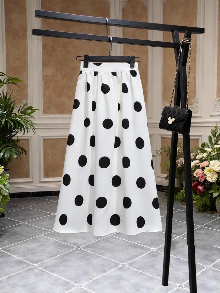 High-Waist French Polka Dot A-Line Midi Skirt with Drape for Women
