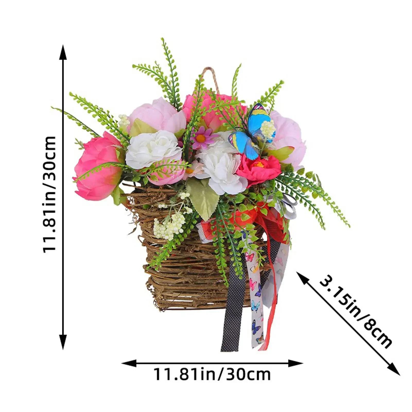 

Front Door Flower Basket Spring & Summer Home Outdoor Wreaths Wall Decor Bow Knot Hanging Wicker Basket Garland Garden Decor
