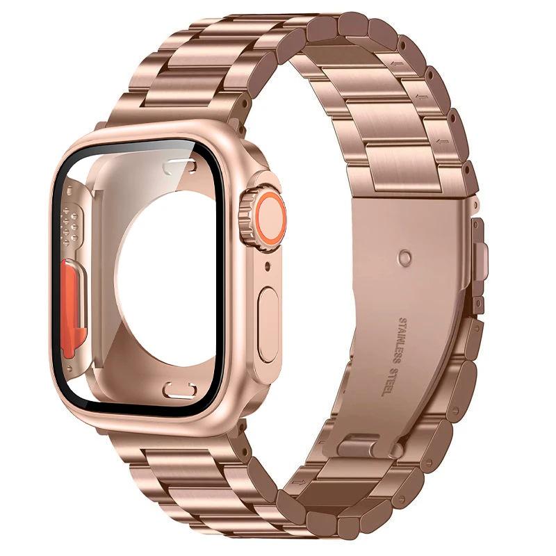 Compatible with Apple Watch Series 10 (46/40/41/44/45mm) Stainless Steel Three-Bead Strap + Full Coverage PC Case