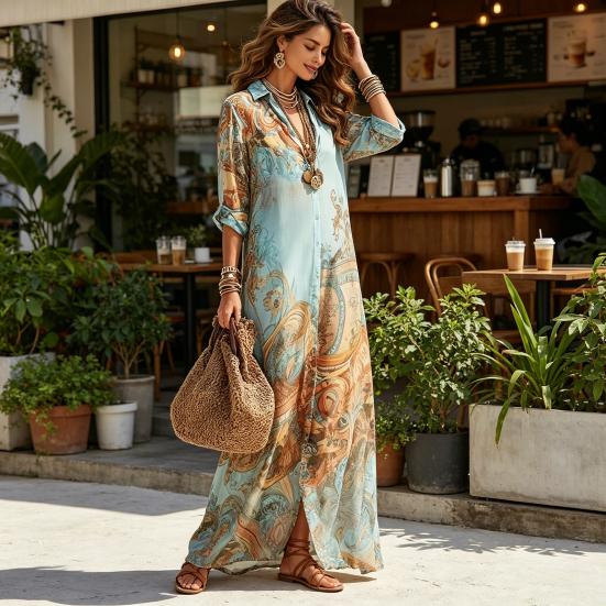 Women's Boho Printed Shirt 46085 Sleeve Maxi Dress Button