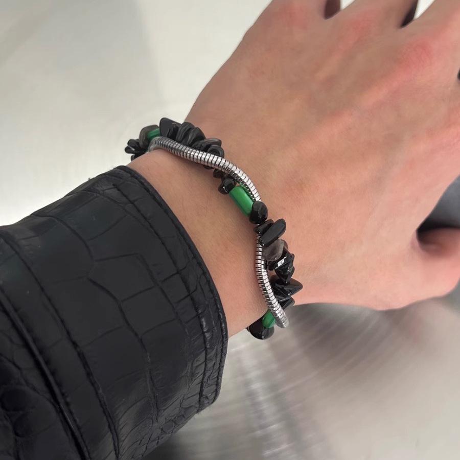 Retro Black Crushed Stone Double Layer Snake Bone Bracelet for Men and Women - Trendy Hip Hop Couple Jewelry with a High-End Feel.