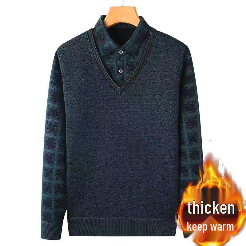 Men's Mid-Age & Senior Plus Velvet Thick Sweater - New Faux Two-Piece Winter Top