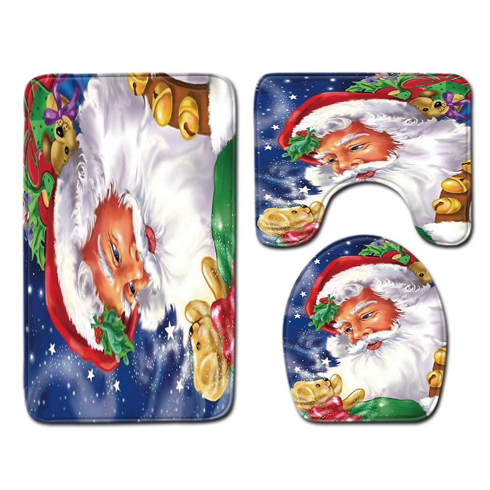 Christmas Shower Curtain Floor Mat Combination Four-Piece Set Bathroom Toilet Carpet Shower Room Mat Foot Mat