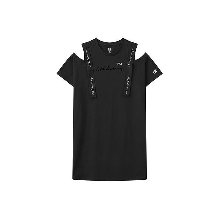 FILA Letter Print Casual Sports Knit Round Neck Short Sleeve Dress Women dresses Deep-Black A11W121303F-BK S