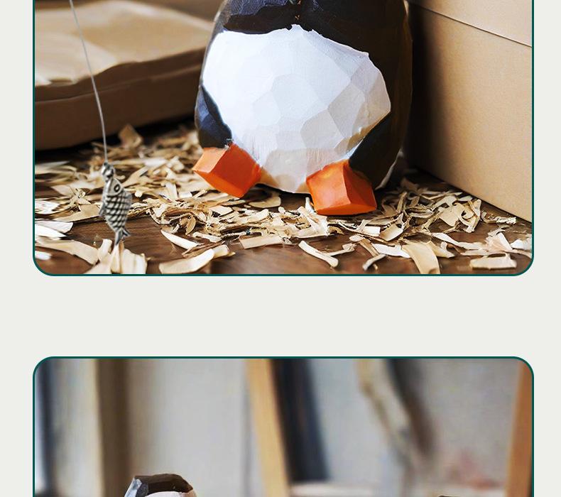 Hand-Carved Solid Wood Fishing Penguin Ornament – Cute Wooden Penguin Decoration