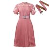 2024 European American Style Women Lace Pleated Short Sleeve Dress