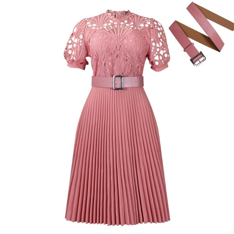 2024 European American Style Women Lace Pleated Short Sleeve Dress