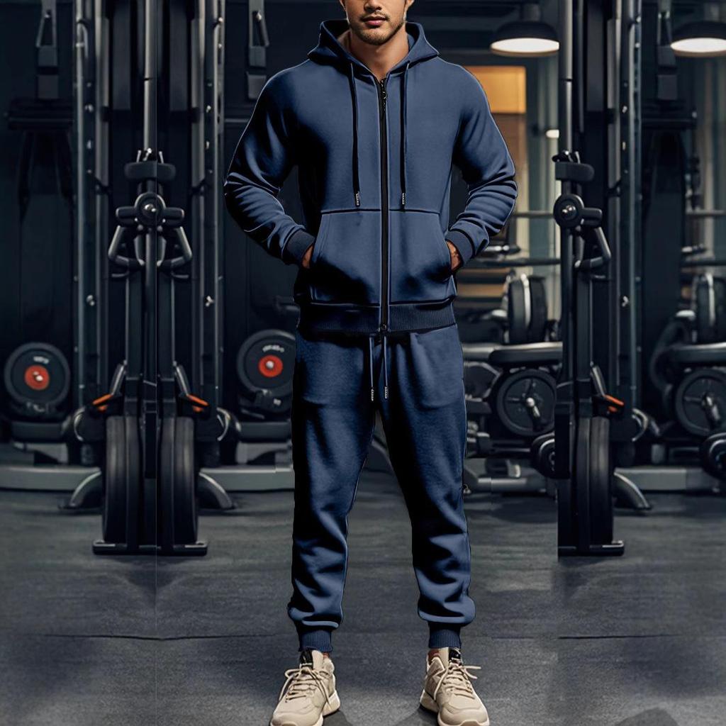 Men's Solid-Hue Fleece-Lined Warm Outfits for Fall & Winter: Zip-Up Long-Sleeve Hooded Casual Athletic Sets