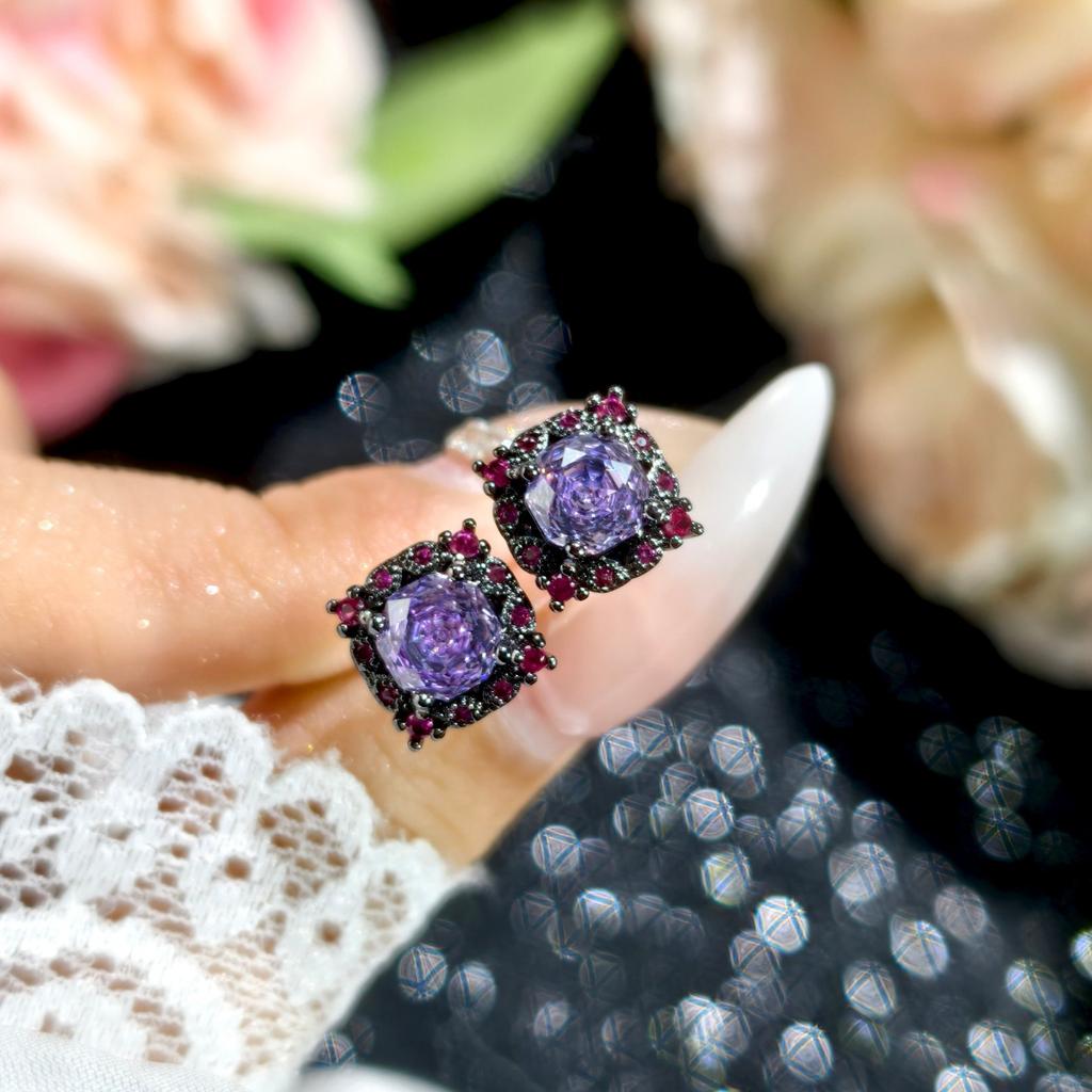 New Black Gold Rose Cut Purple Lithium Zircon Open Ring Pendant Necklace Stud Earrings