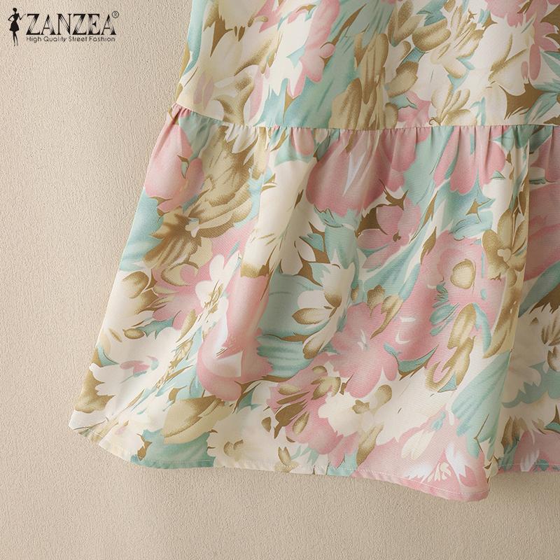 ZANZEA Dámské letní ležérní šaty s kulatým výstřihem a krátkým rukávem s květinovým vzorem