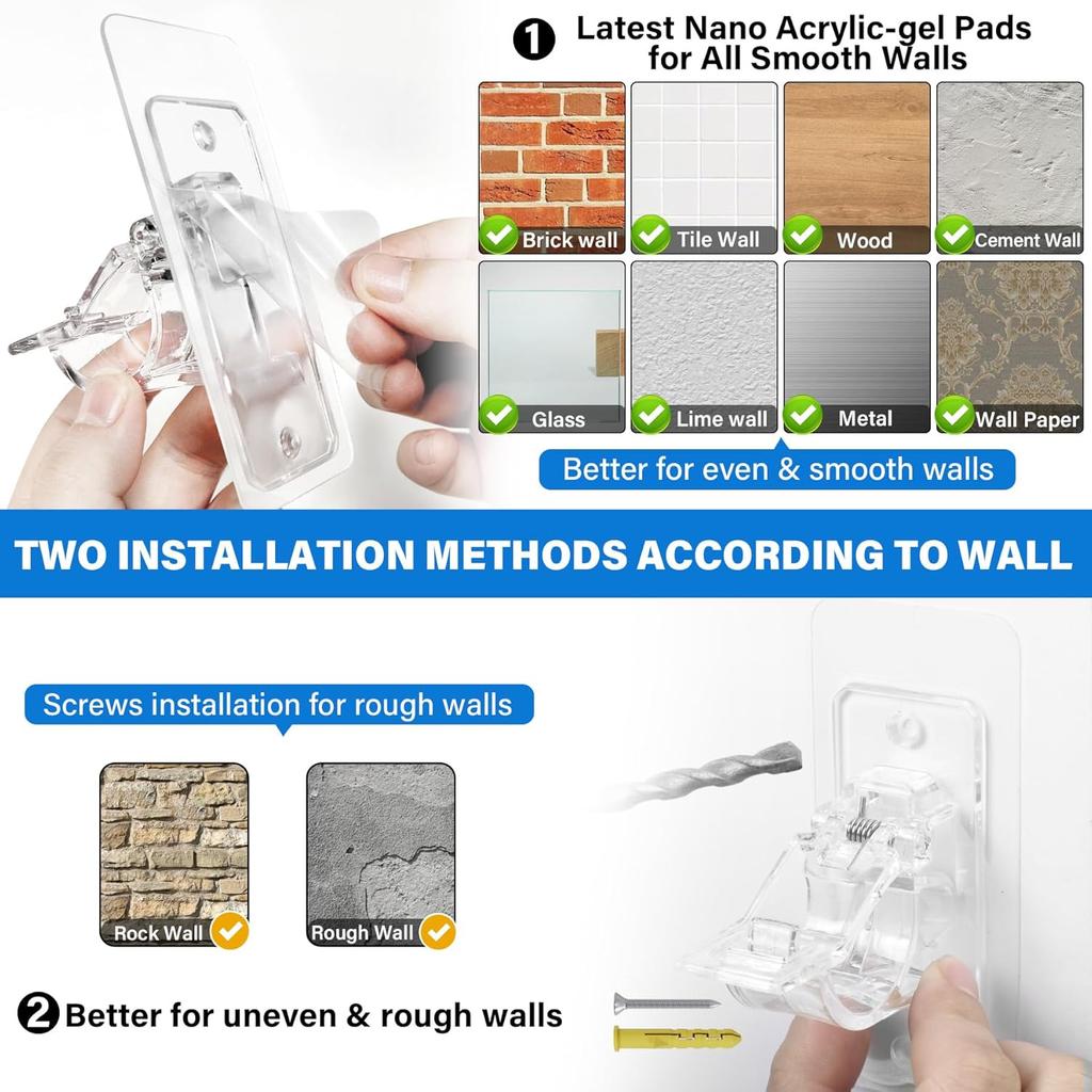 6-pack Gardinstångshållare utan borrning, Självhäftande stångfästen, Multifunktionella spikfria självhäftande gardinstångskrokar