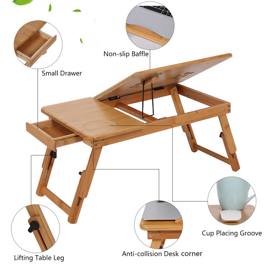 Portable Folding Bamboo Bed Laptop Desk Adjustable Lap Notebook Table Stand Tray with Drawer