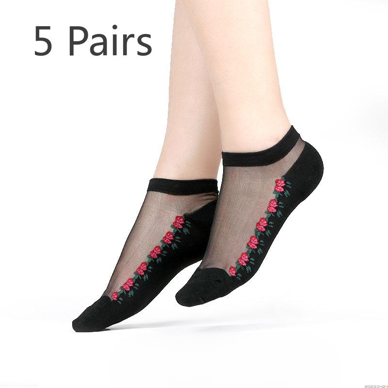 5 Pairs of Women's Summer Embroidered Non Slip Cotton Bottom Glass Silk Socks
