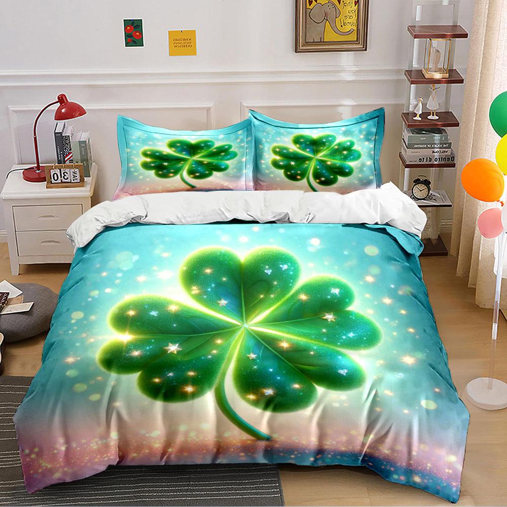 Lucky Four-Leaf Clover Design Bedding Duvet Cover Set (1*Duvet Cover 2*Pillowcases, Without Duvet Insert)