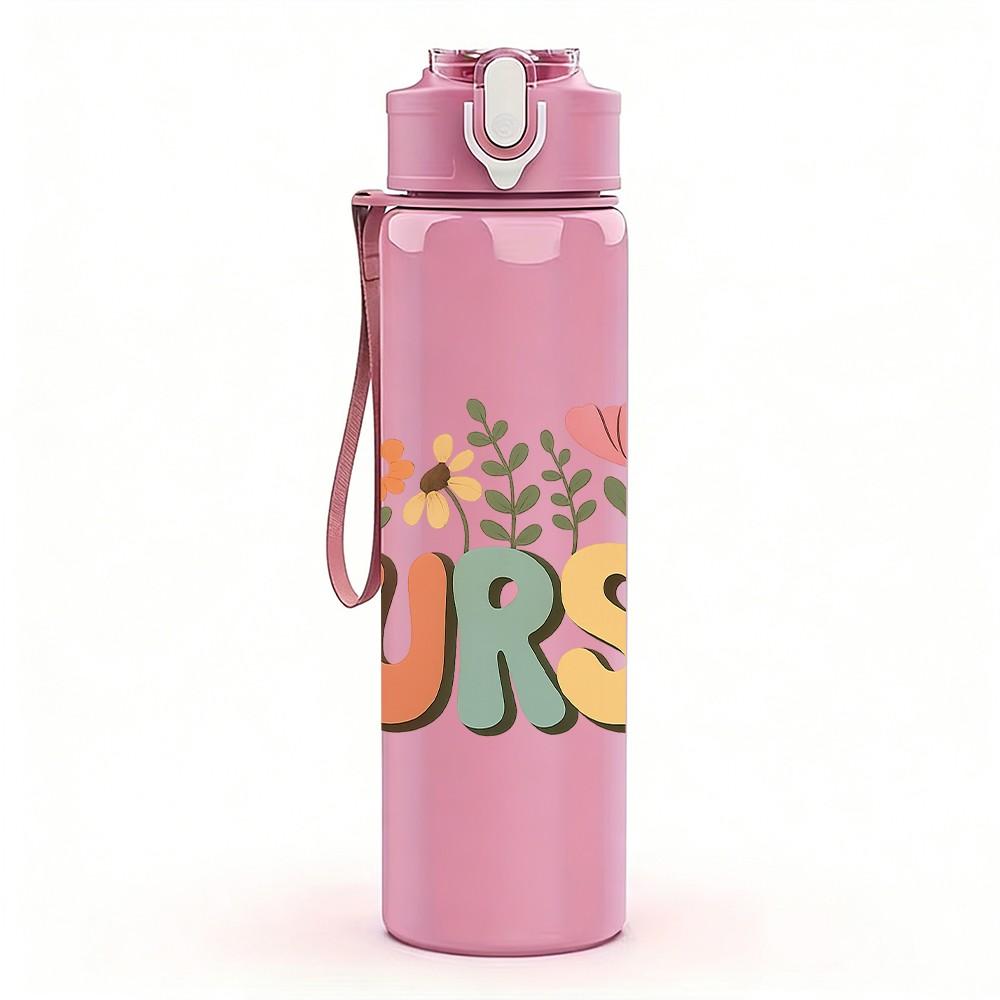 1PC Nurse Floral Letter Graphic 750ml Color Plastic Sports Water Bottle Leakproof Flip Straw Lid For Sports Office Home Use