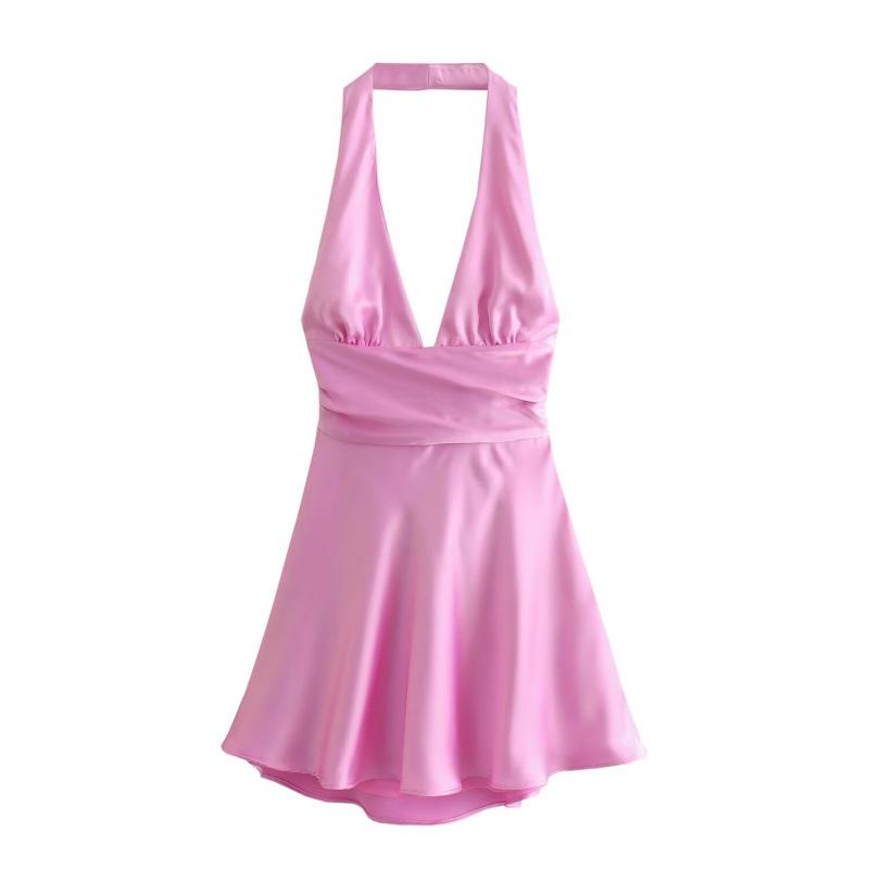 2025 Summer V-neck Halter Backless Silk Satin Tie-Up Mini Dress