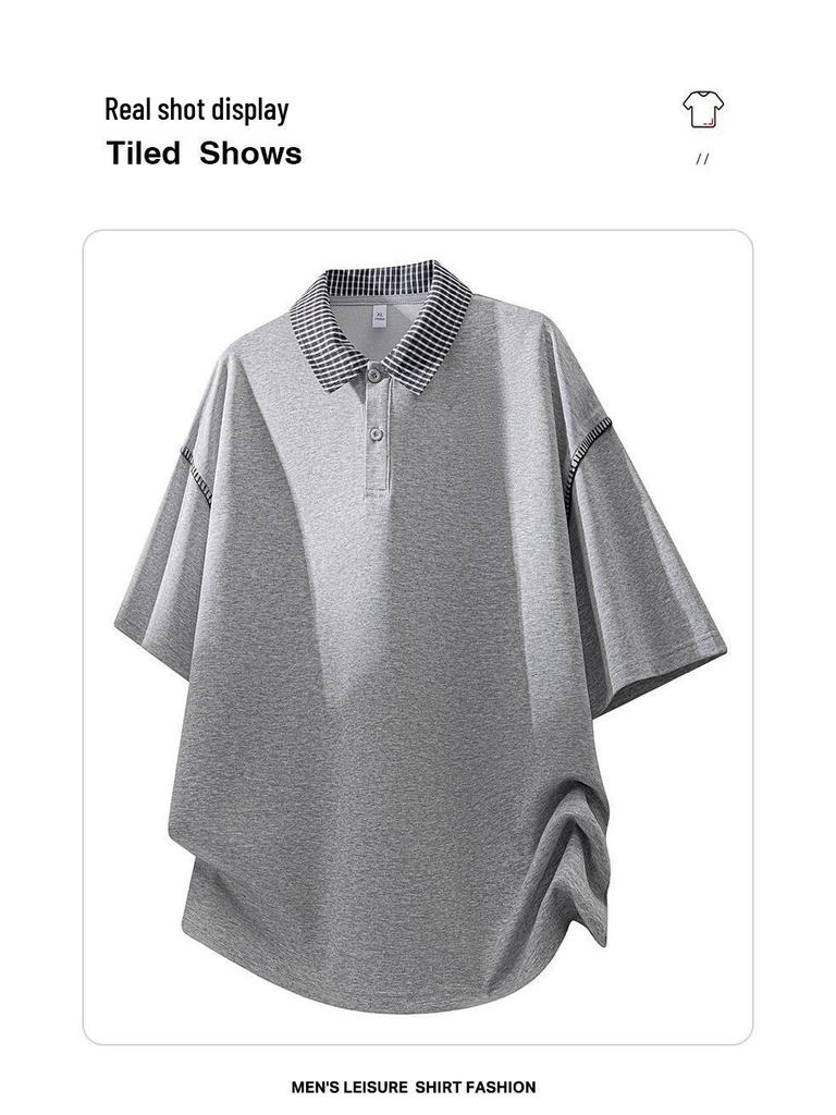 Men's Plaid Lapel T-Shirt, Fake Two-Piece, Breathable, Loose Fit, Spring/Summer, Five-Point Sleeve, Casual Top