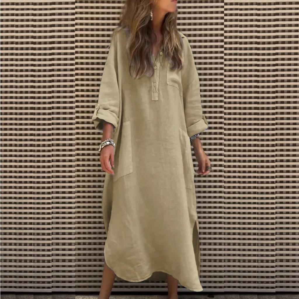Elegant Solid Color Irregular Long Dress with Buttons and Pockets for Spring/Summer 2024