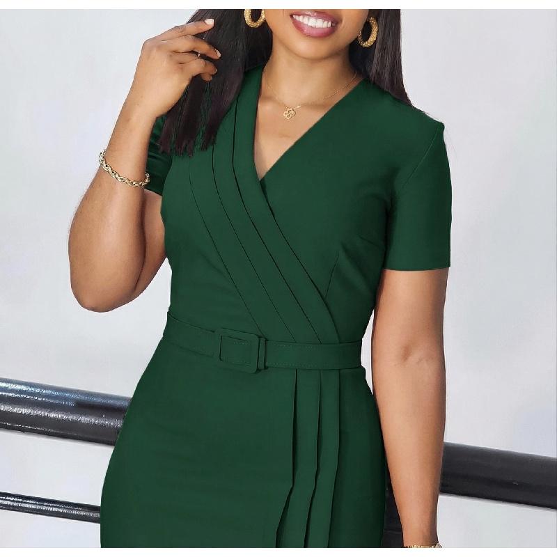 Women's Summer Short-Sleeve V-Neck Fashionable Elegant Solid Color OL Bodycon Dress