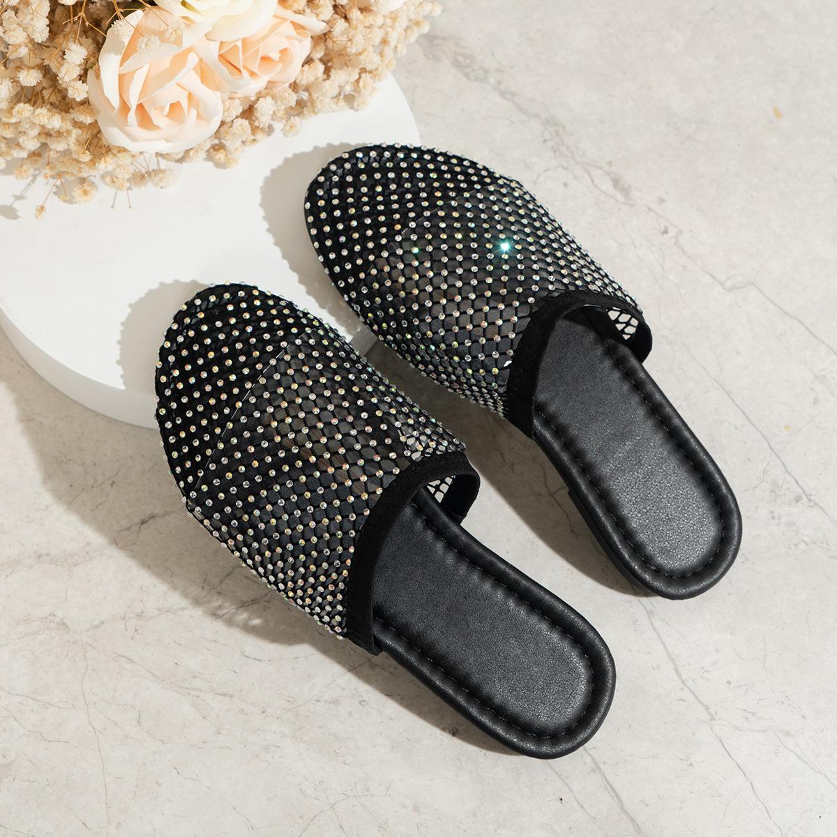 

Летние новые тапочки с плоской подошвой, сетчатые, дышащие, рыболовная сеть, сексуальные, классные тапочки, baotou, полые, со стразами, пляжные, классные тапочки 43 чёрный