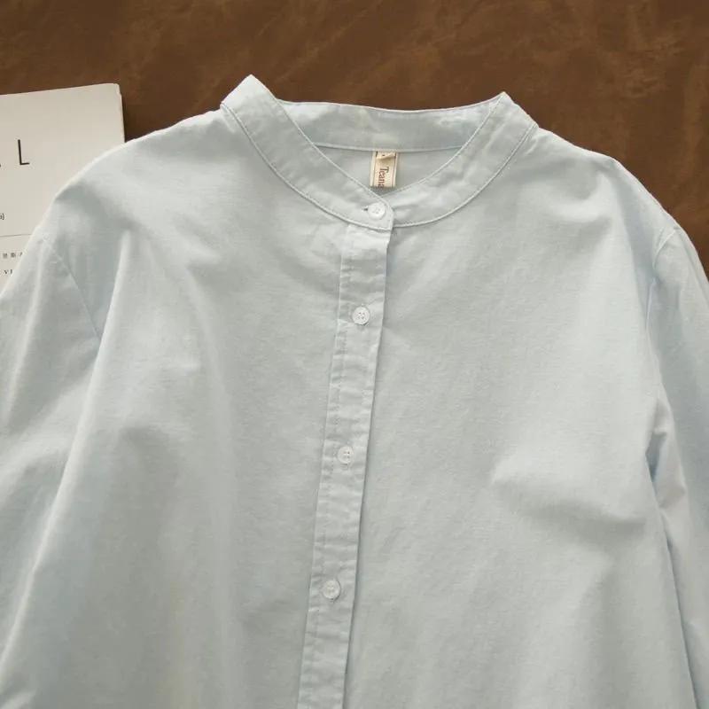 Camicia da Donna Bianca con Collo Mandarino in Misto Cotone e Lino Manica Lunga Casual Top con Bottoni