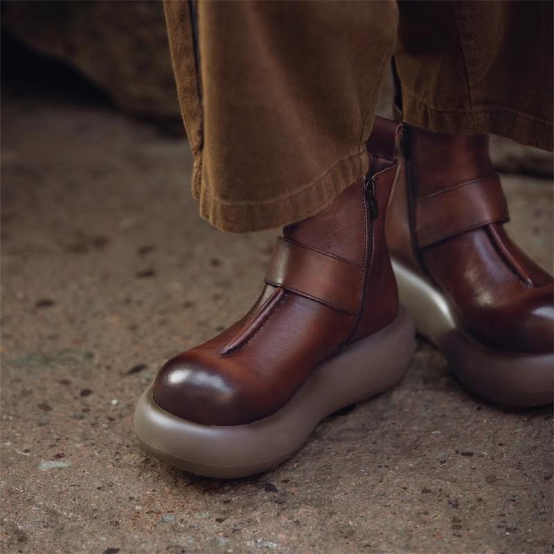 GKTINOO Genuine Leather Women Short Boots Retro Round Toe Shoes 2025 New Winter Handmade Soft Sole Flat Platform Boots