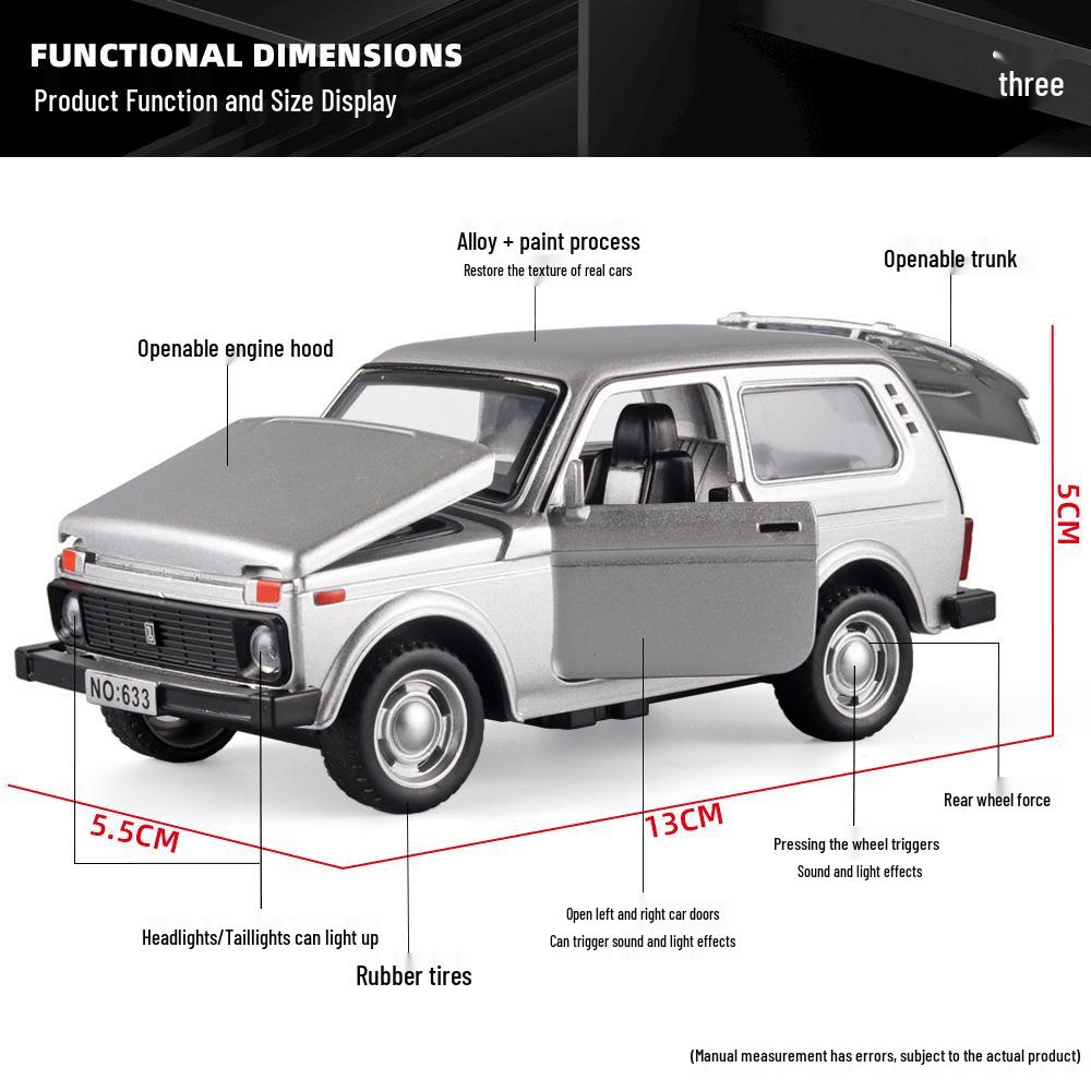 Boxed 1:32 Lada Jeep Alloy Car Model Toy with Pull-Back, Sound, and Light.