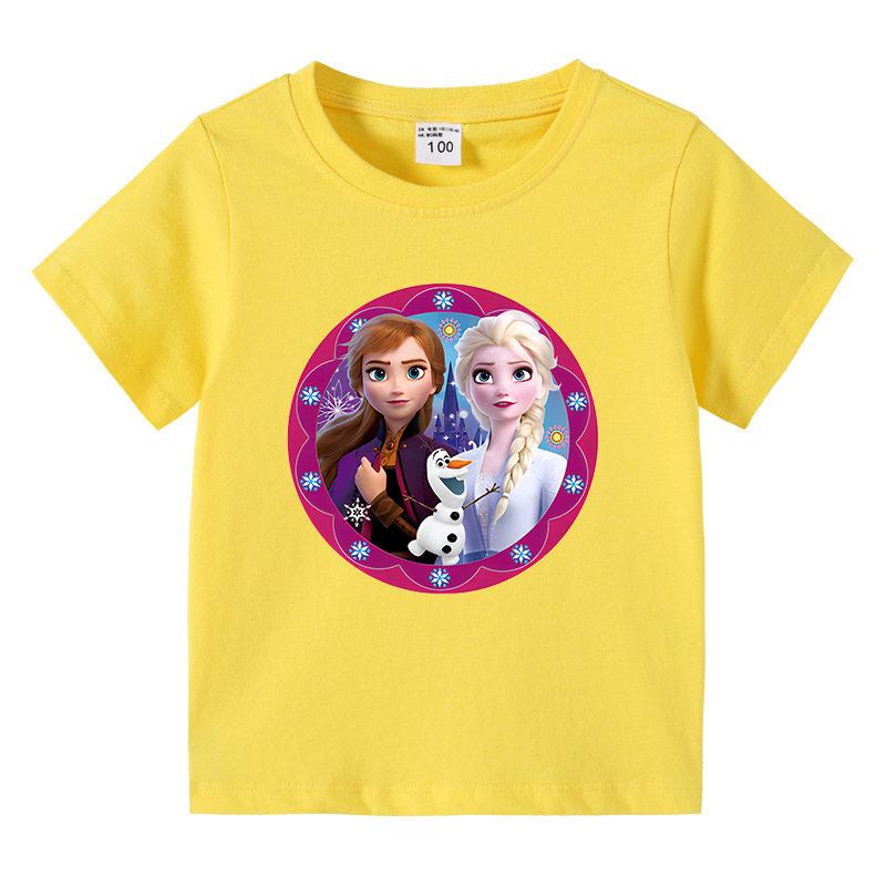 2026 Children's T-shirt Cute Disney Elsa Princess Cartoon Print Pure Cotton Breathable Round Neck Short Sleeve