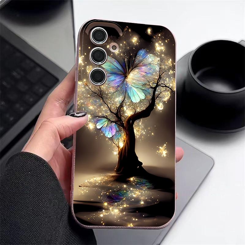 Shining Fantasy Tree Butterfly Pattern Case For Samsung Galaxy S26 Ultra S25 Edge S24 S23 S22 Plus S21 FE Leather Texture Silicone Cover