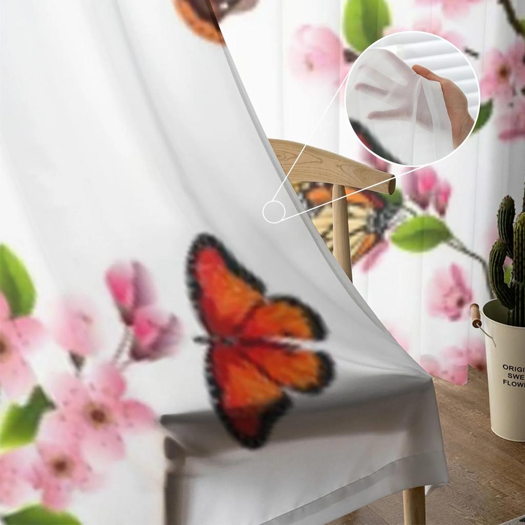Sakura And Butterflies Sheer Curtains For Living Room Window Transparent Voile Tulle Curtain Bedroom Drapes Home Decor