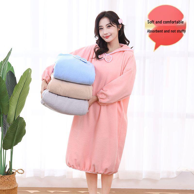 Dámský zimní nositelný župan s kapucí - princeznovský styl, s dlouhým rukávem, silná savá korálová fleecová koupelová sukně